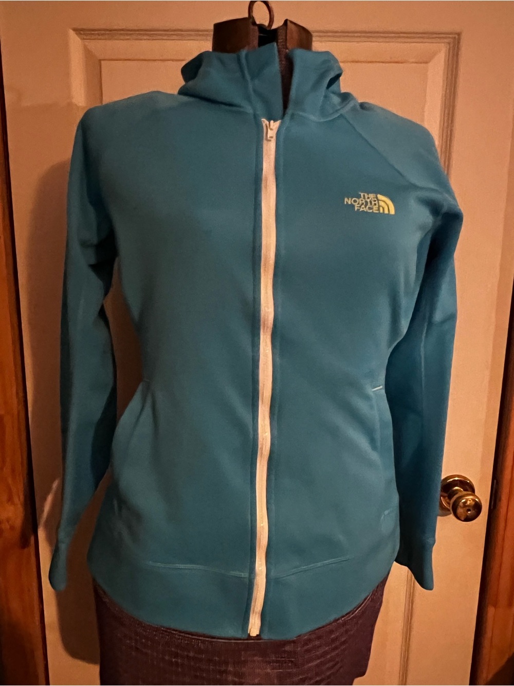 The North Face Teal Zip Hoodie with Hood with white zipper, size large